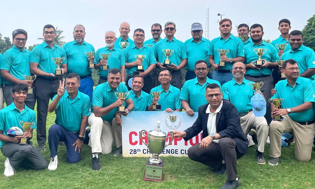 The victorious Kurmitola Golf Club team celebrates in unison after winning the Team Winner title at the 28th Challenge Cup 2025, showcasing unity, pride, and the true spirit of the game.
