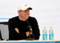 STRAFFAN, IRELAND - SEPTEMBER 03: Rory McIlroy of Northern Ireland speaks to the media during a press conference prior to the Amgen Irish Open 2025 at The K Club on September 03, 2025 in Straffan, Ireland. (Photo by Jasper Wax/Getty Images)