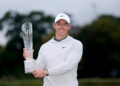 STRAFFAN, IRELAND - SEPTEMBER 07: Rory McIlroy of Northern Ireland poses with the trophy after winning the Amgen Irish Open in a play off during day four of the Amgen Irish Open 2025 at The K Club on September 07, 2025 in Straffan, Ireland. (Photo by Warren Little/Getty Images)