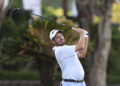SANYA, CHINA - OCTOBER 09: Julian Perico of Peru plays a tee shot on the first hole during the first round of the Hainan Open 2025 at Sanya Luhuitou Golf Club on October 09, 2025 in Sanya, China. (Photo by Zhe Ji/Getty Images)