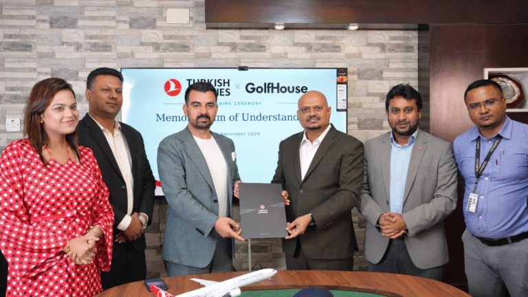Turkish Airlines and GolfHouse officials at the MoU signing ceremony at GolfHouse headquarters in Dhaka on October 12, 2026. The agreement strengthens cooperation through promotional services and client engagement initiatives.