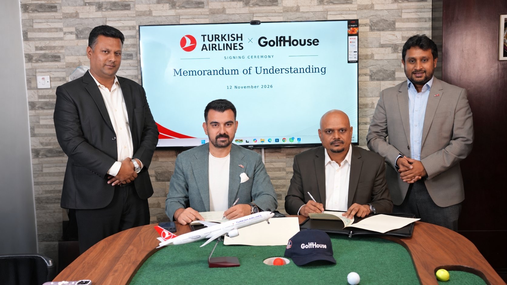 Turkish Airlines and GolfHouse officials at the MoU signing ceremony at GolfHouse headquarters in Dhaka on October 12, 2026. The agreement strengthens cooperation through promotional services and client engagement initiatives.